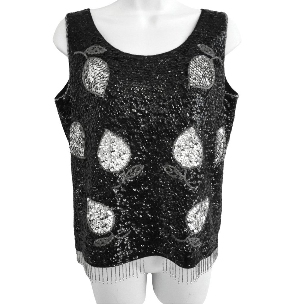 WooL Vintage Sequin Evening Top Beaded Fringe Zip Back Sleeveless Festive Bling